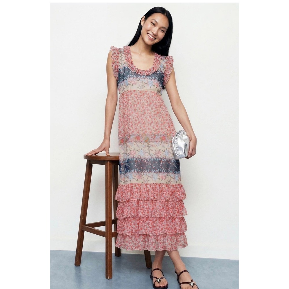 Anna Sui Garden Border Floral Tiered Chiffon Maxi Dress Size 12 Cottagecore USA